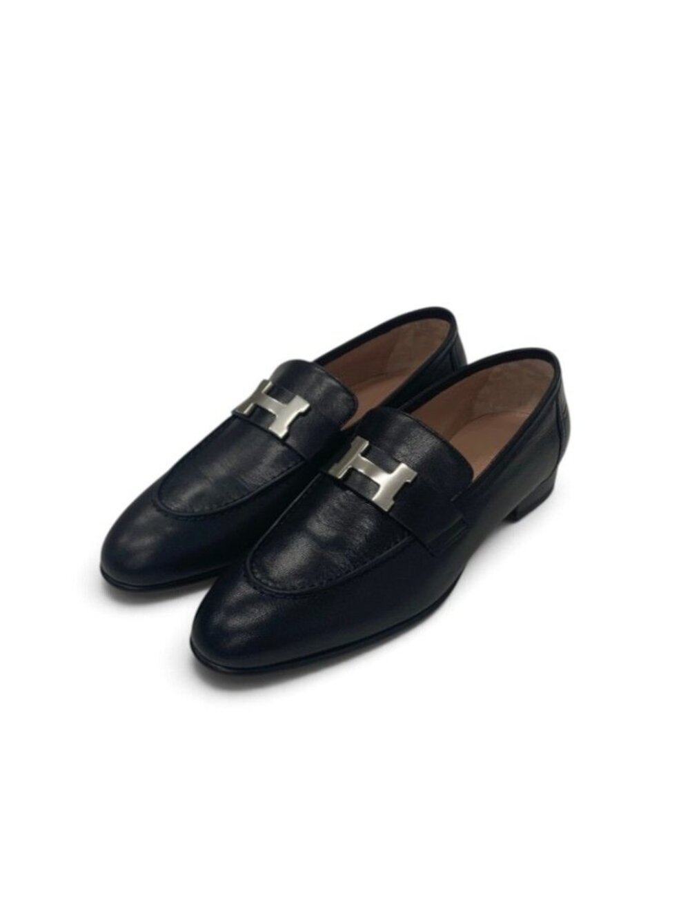 Hermes Paris Loafers Leather Shoes Black Silver H Moccasins Flats